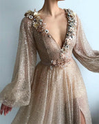 Modest Long A-line V-neck Sequined Prom Dress with Slit by BIZTUNNEL