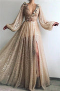 Modest Long A-line V-neck Sequined Prom Dress with Slit by BIZTUNNEL