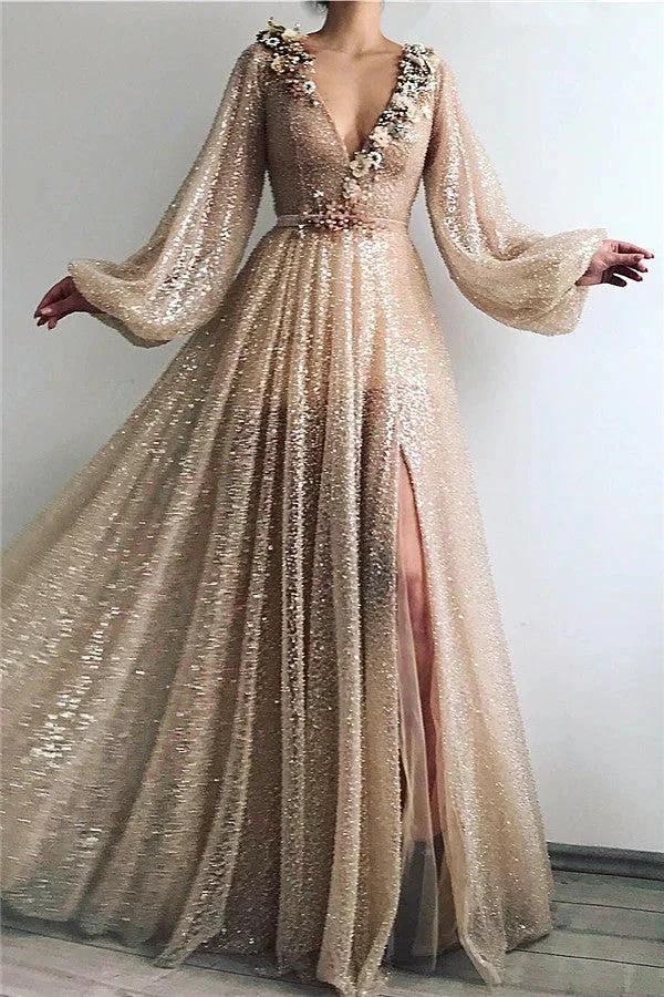 Modest Long A-line V-neck Sequined Prom Dress with Slit by BIZTUNNEL