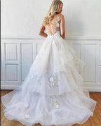 Modest Long A-line V-Neck Spaghetti Straps Tulle Backless Wedding Dress by BIZTUNNEL