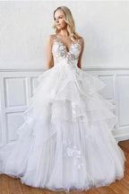 Modest Long A-line V-Neck Spaghetti Straps Tulle Backless Wedding Dress by BIZTUNNEL