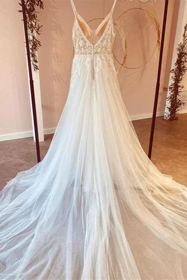Modest Long A-line V-neck Spaghetti Straps Tulle Wedding Dress with Appliques Lace by BIZTUNNEL