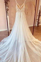 Modest Long A-line V-neck Spaghetti Straps Tulle Wedding Dress with Appliques Lace by BIZTUNNEL