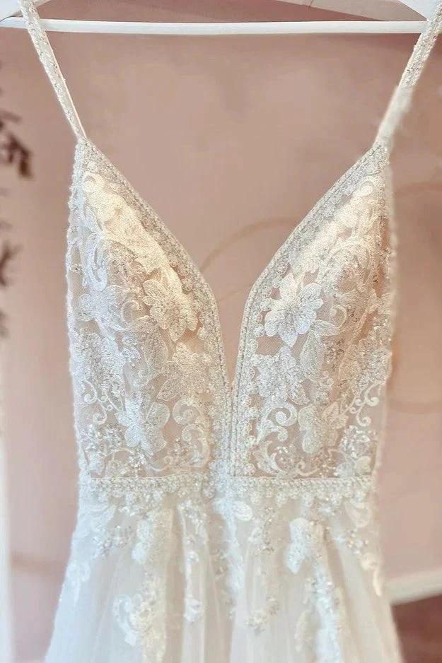 Modest Long A-line V-neck Spaghetti Straps Tulle Wedding Dress with Appliques Lace by BIZTUNNEL