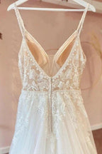 Modest Long A-line V-neck Spaghetti Straps Tulle Wedding Dress with Appliques Lace by BIZTUNNEL