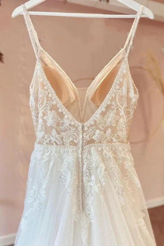 Modest Long A-line V-neck Spaghetti Straps Tulle Wedding Dress with Appliques Lace by BIZTUNNEL