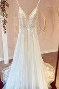 Modest Long A-line V-neck Spaghetti Straps Tulle Wedding Dress with Appliques Lace by BIZTUNNEL