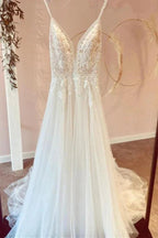 Modest Long A-line V-neck Spaghetti Straps Tulle Wedding Dress with Appliques Lace by BIZTUNNEL