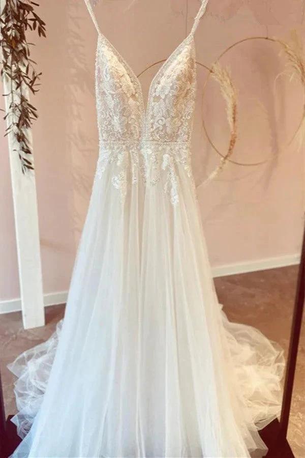 Modest Long A-line V-neck Spaghetti Straps Tulle Wedding Dress with Appliques Lace by BIZTUNNEL