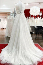 Modest Long A-line V-neck Tulle Ruffles Backless Wedding Dresses With Lace by BIZTUNNEL