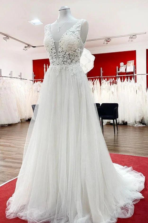 Modest Long A-line V-neck Tulle Ruffles Backless Wedding Dresses With Lace by BIZTUNNEL