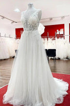 Modest Long A-line V-neck Tulle Ruffles Backless Wedding Dresses With Lace by BIZTUNNEL