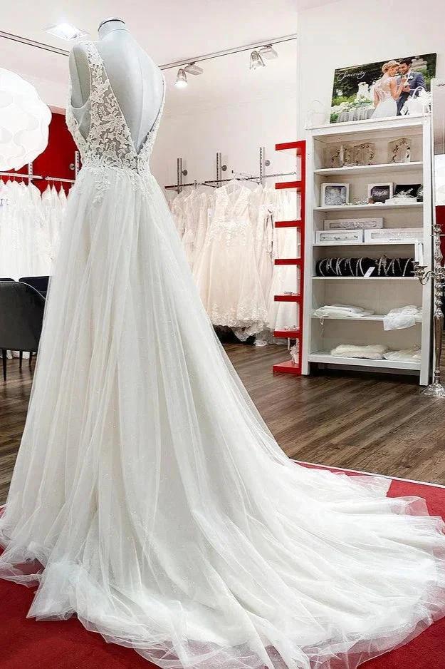 Modest Long A-line V-neck Tulle Ruffles Backless Wedding Dresses With Lace by BIZTUNNEL