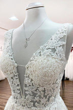 Modest Long A-line V-neck Tulle Ruffles Backless Wedding Dresses With Lace by BIZTUNNEL
