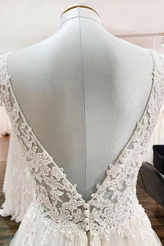 Modest Long A-line V-neck Tulle Ruffles Backless Wedding Dresses With Lace by BIZTUNNEL