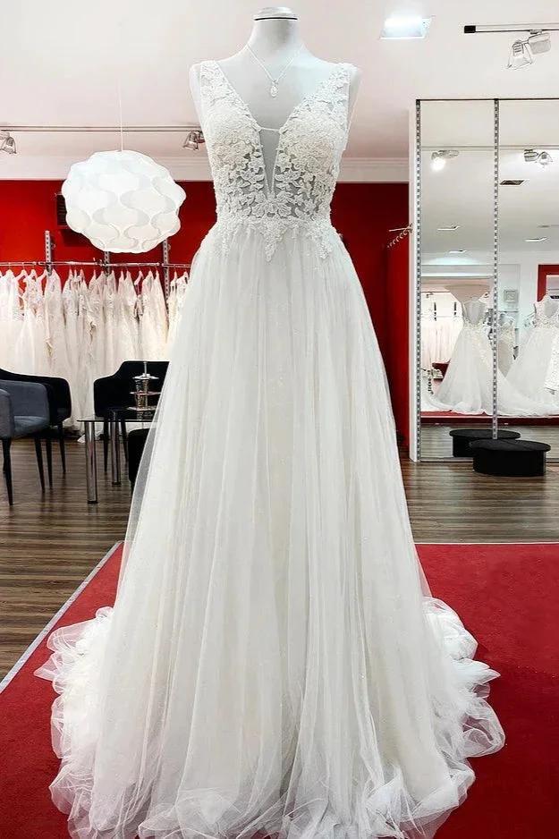 Modest Long A-line V-neck Tulle Ruffles Backless Wedding Dresses With Lace by BIZTUNNEL