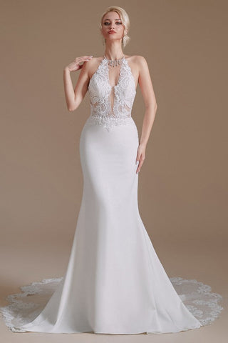 Modest Long Mermaid Halter Backless Satin Wedding Dresses with Appliques Lace