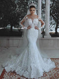 Modest Long Mermaid Lace Appliques Wedding Dresses with Sleeves by BIZTUNNEL