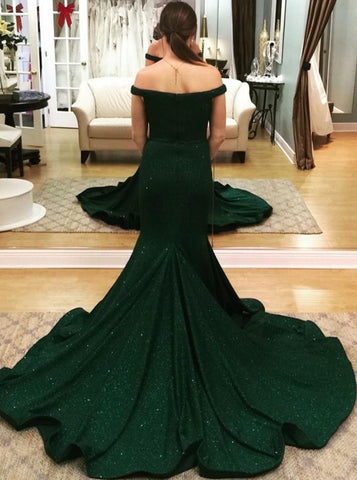 Vestido de fiesta verde modesto de corte sirena largo con hombros descubiertos