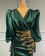 Modest Long Mermaid Satin Beading V-neck Prom Dress with Sleeves by BIZTUNNEL