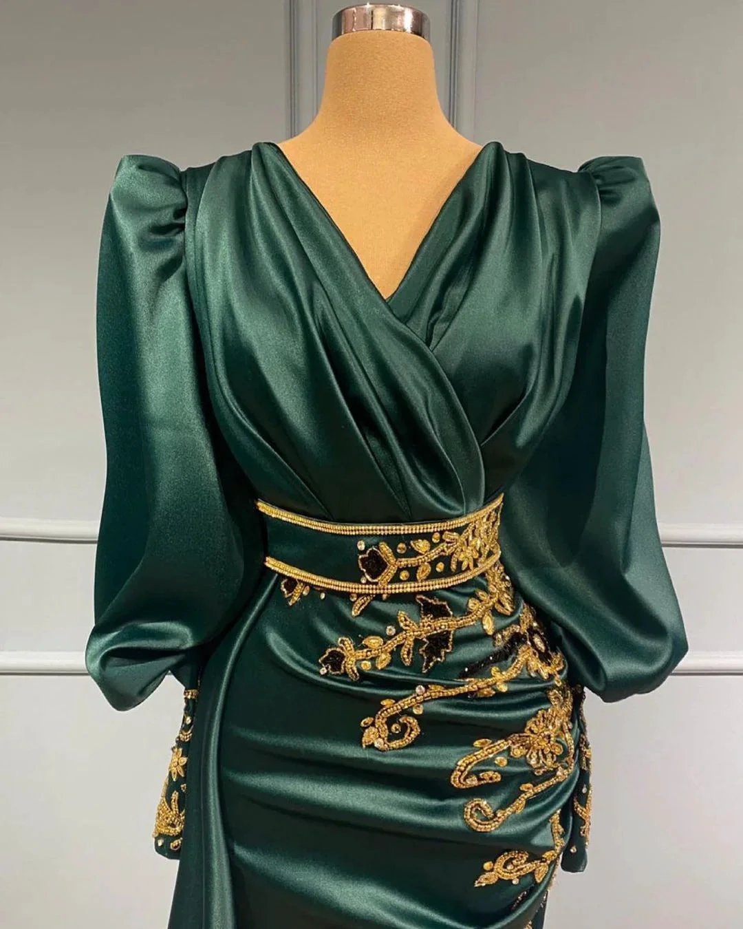 Modest Long Mermaid Satin Beading V-neck Prom Dress with Sleeves by BIZTUNNEL