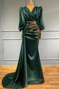 Modest Long Mermaid Satin Beading V-neck Prom Dress with Sleeves by BIZTUNNEL