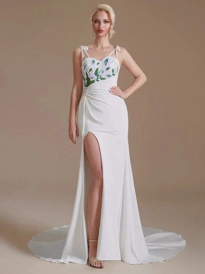 Modest Long Mermaid Satin Spaghetti Straps Open Back Wedding Dress with slit by BIZTUNNEL