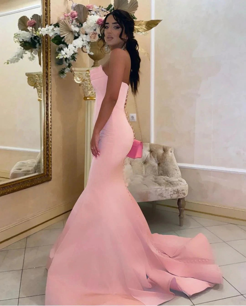 Modest Long Mermaid Strapless Satin Pink Prom Dress by BIZTUNNEL