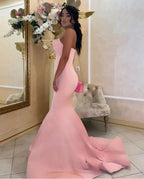 Modest Long Mermaid Strapless Satin Pink Prom Dress by BIZTUNNEL