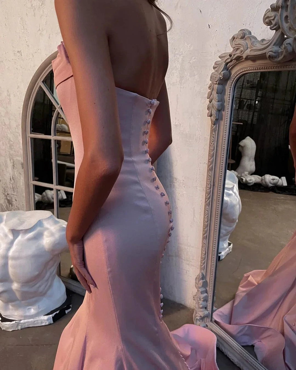 Modest Long Mermaid Strapless Satin Pink Prom Dress by BIZTUNNEL