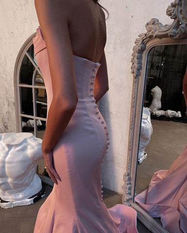 Vestido de fiesta de satén rosa, modesto, largo, sin tirantes, estilo sirena