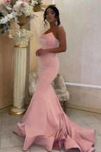 Modest Long Mermaid Strapless Satin Pink Prom Dress by BIZTUNNEL