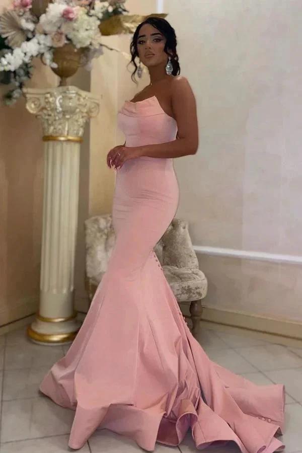 Modest Long Mermaid Strapless Satin Pink Prom Dress by BIZTUNNEL