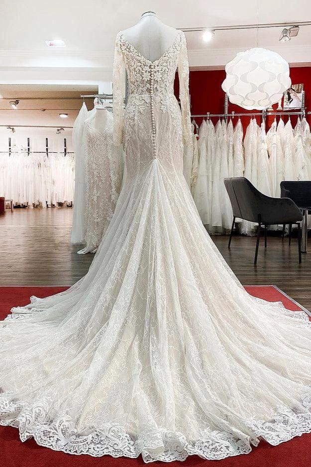Modest Long Mermaid Sweetheart Tulle Lace Wedding Dress with Sleeves by BIZTUNNEL
