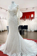 Modest Long Mermaid Sweetheart Tulle Lace Wedding Dress with Sleeves by BIZTUNNEL