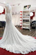 Modest Long Mermaid Sweetheart Tulle Lace Wedding Dress with Sleeves by BIZTUNNEL