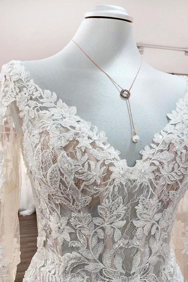 Modest Long Mermaid Sweetheart Tulle Lace Wedding Dress with Sleeves by BIZTUNNEL