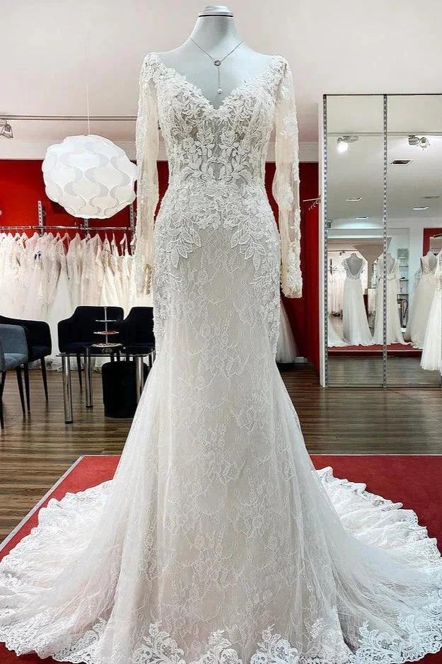 Modest Long Mermaid Sweetheart Tulle Lace Wedding Dress with Sleeves by BIZTUNNEL