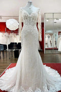 Modest Long Mermaid Sweetheart Tulle Lace Wedding Dress with Sleeves by BIZTUNNEL