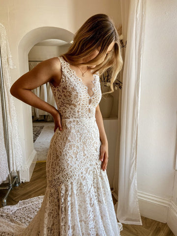 Modest Long Mermaid V-neck Open Back Lace Wedding Dress