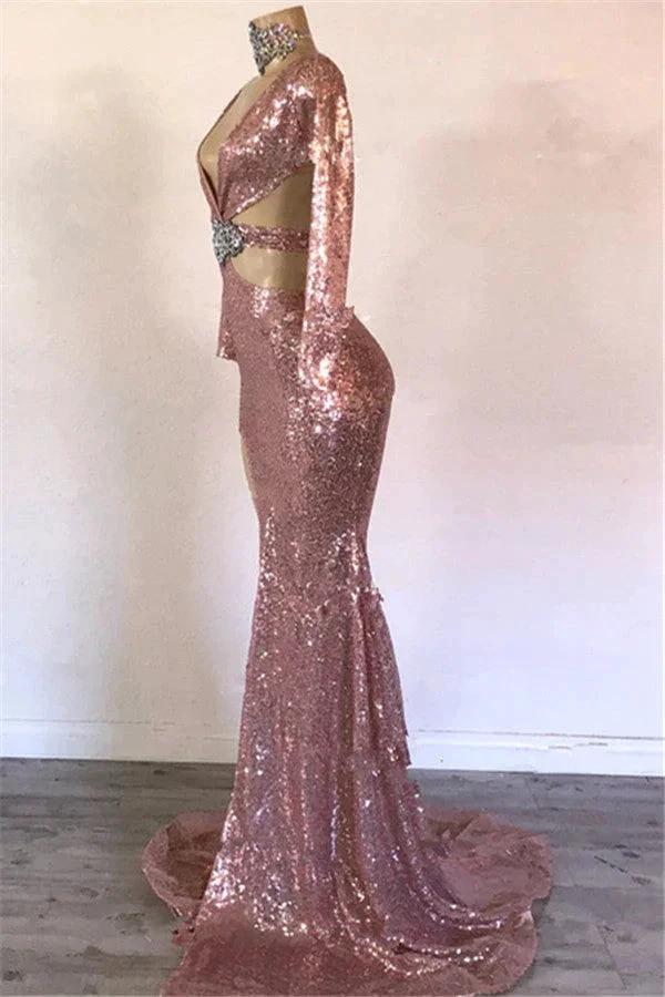 Modest Long Mermaid V-neck Sequined Front Slit Prom Dress with Sleeves by BIZTUNNEL