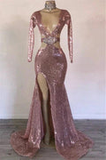 Modest Long Mermaid V-neck Sequined Front Slit Prom Dress with Sleeves by BIZTUNNEL