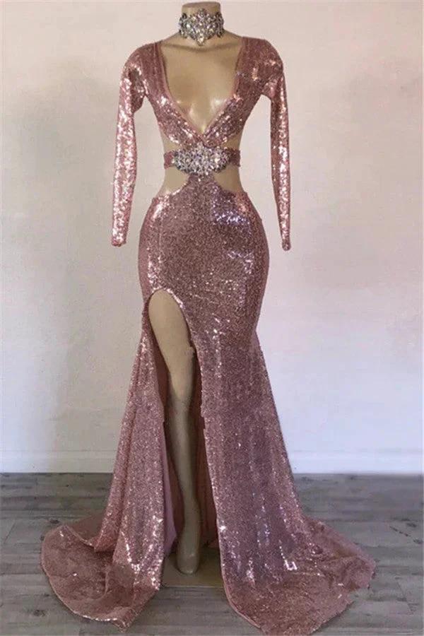 Modest Long Mermaid V-neck Sequined Front Slit Prom Dress with Sleeves by BIZTUNNEL
