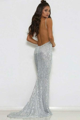 Vestido de fiesta modesto largo de sirena con escote en V y lentejuelas en la espalda abierta