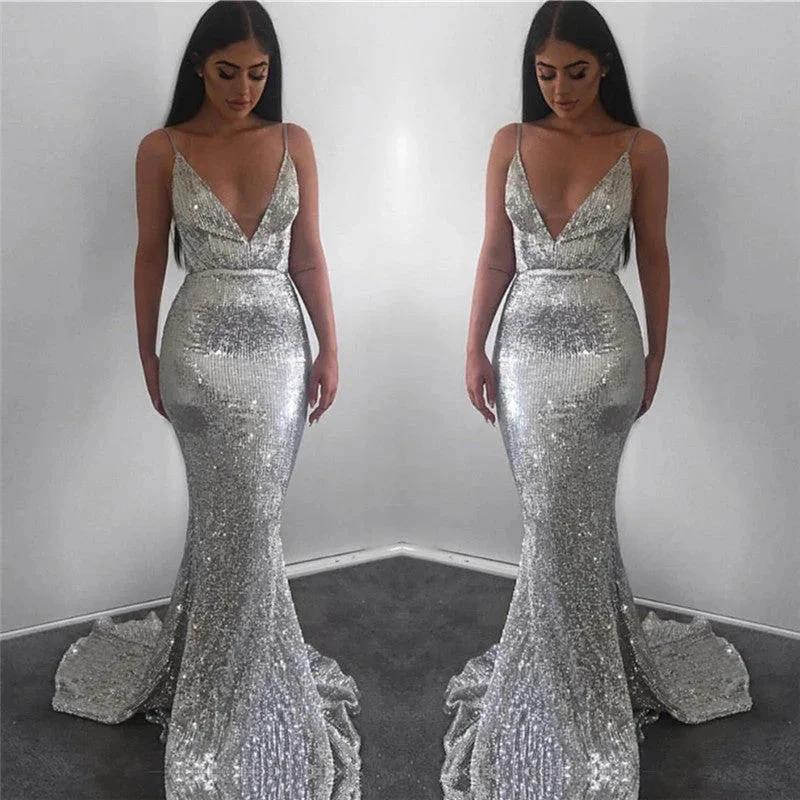 Modest Long Mermaid V-neck Sequined Open Back Prom Dress by BIZTUNNEL