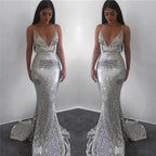 Modest Long Mermaid V-neck Sequined Open Back Prom Dress by BIZTUNNEL