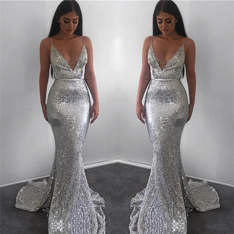 Vestido de fiesta modesto largo de sirena con escote en V y lentejuelas en la espalda abierta