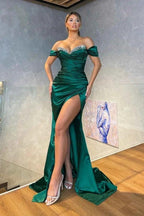 Modest Long Off the shoulder Satin Mermaid Prom Dress with Slit by BIZTUNNEL