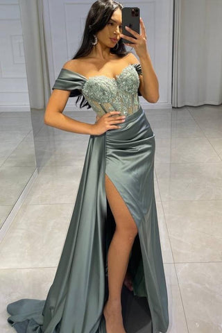 Vestido de fiesta de sirena de satén con hombros descubiertos y abertura, modesto y largo