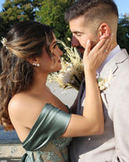 Modest Long Off-the-Shoulder Satin Mermaid Prom Dress with Slit by BIZTUNNEL